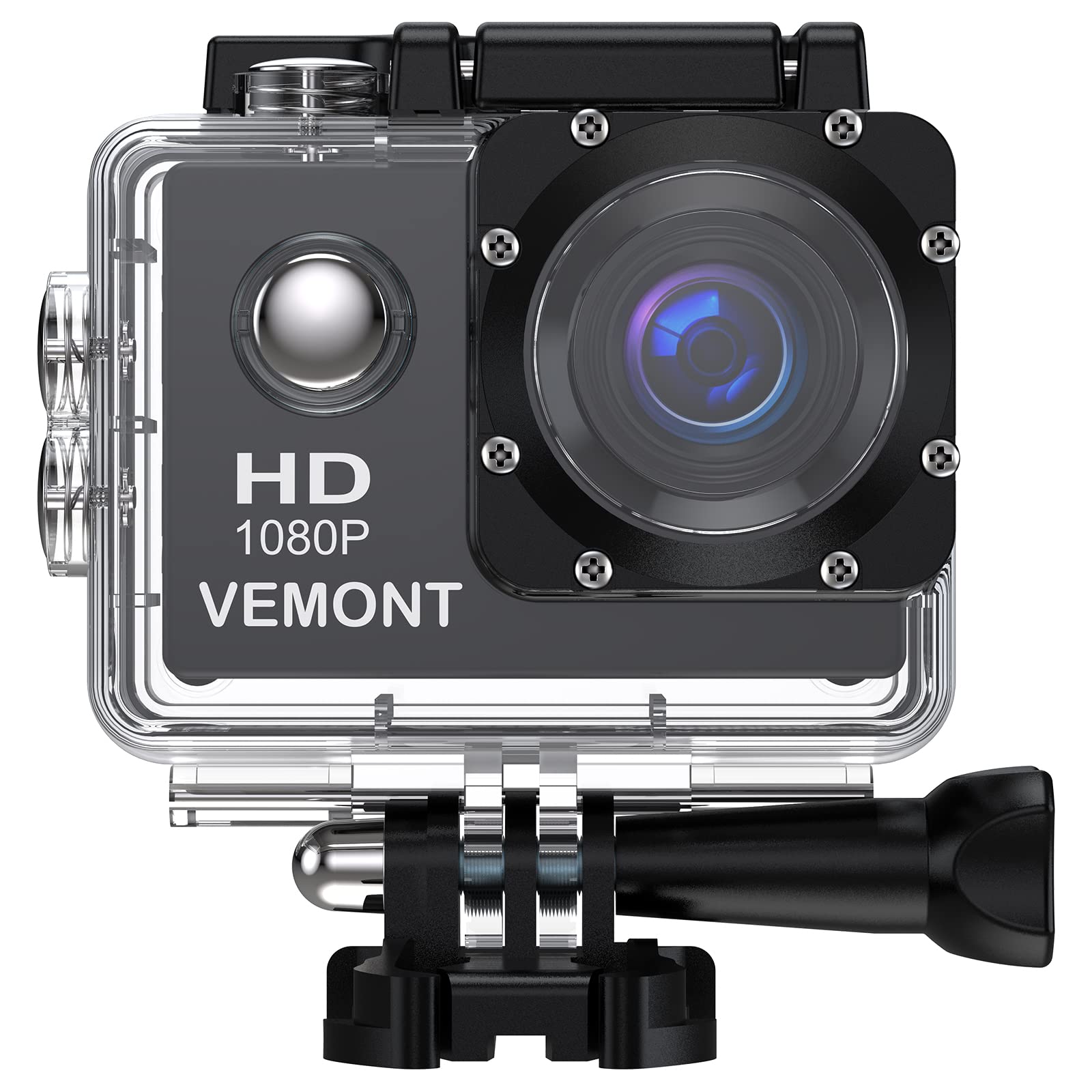 VEMONT Câmera de ação, câmera esportiva 1080p 12MP Full HD 5,8 cm, câmera de ação 30 m/98 pés, subaquática, à prova d'água, com lente grande-angular e kit de acessórios de montagem