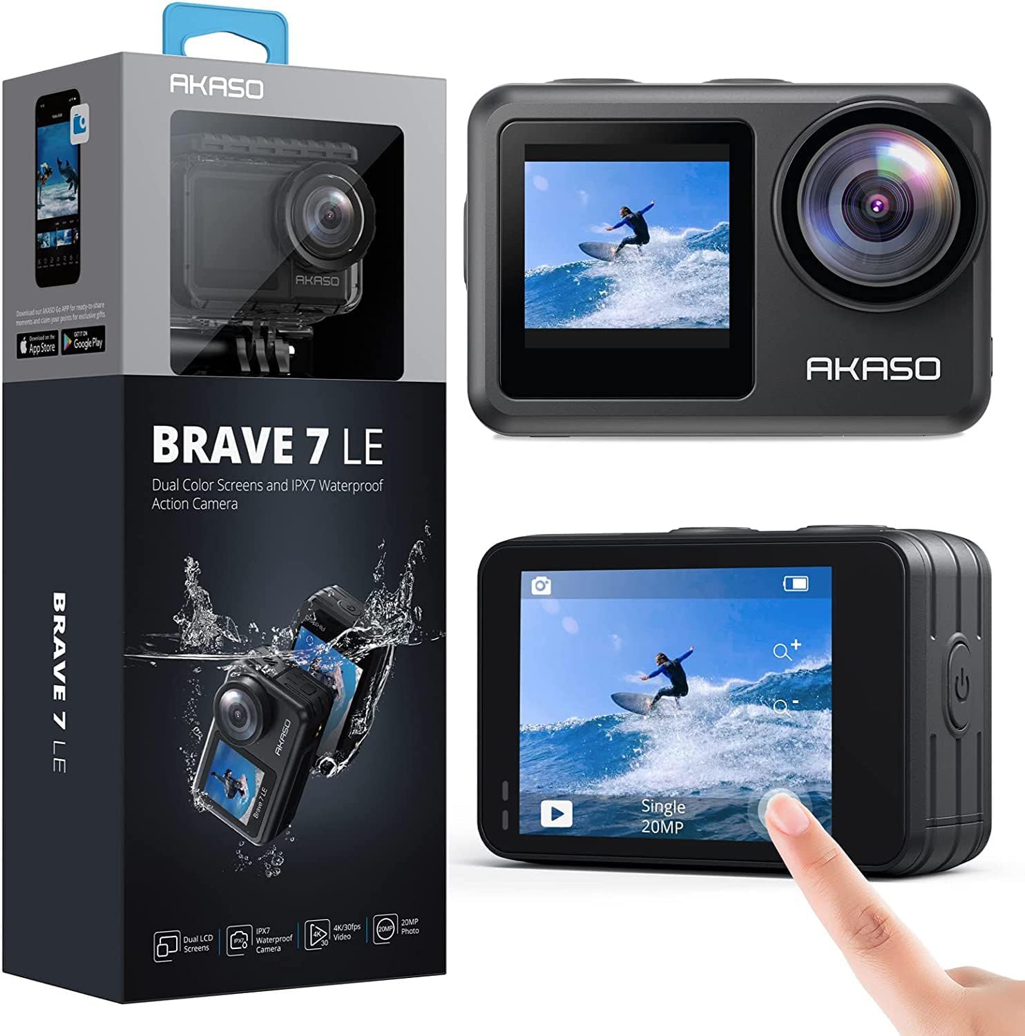 Akaso Câmera De Ação Brave 7 Le 4K30Fps 20Mp Wifi Com Tela Sensível Ao Toque, Câmera Vlog Eis 2.0, Controle Remoto, Câmera Subaquática De 300 Metros Com 2 Baterias De 1350 Mah