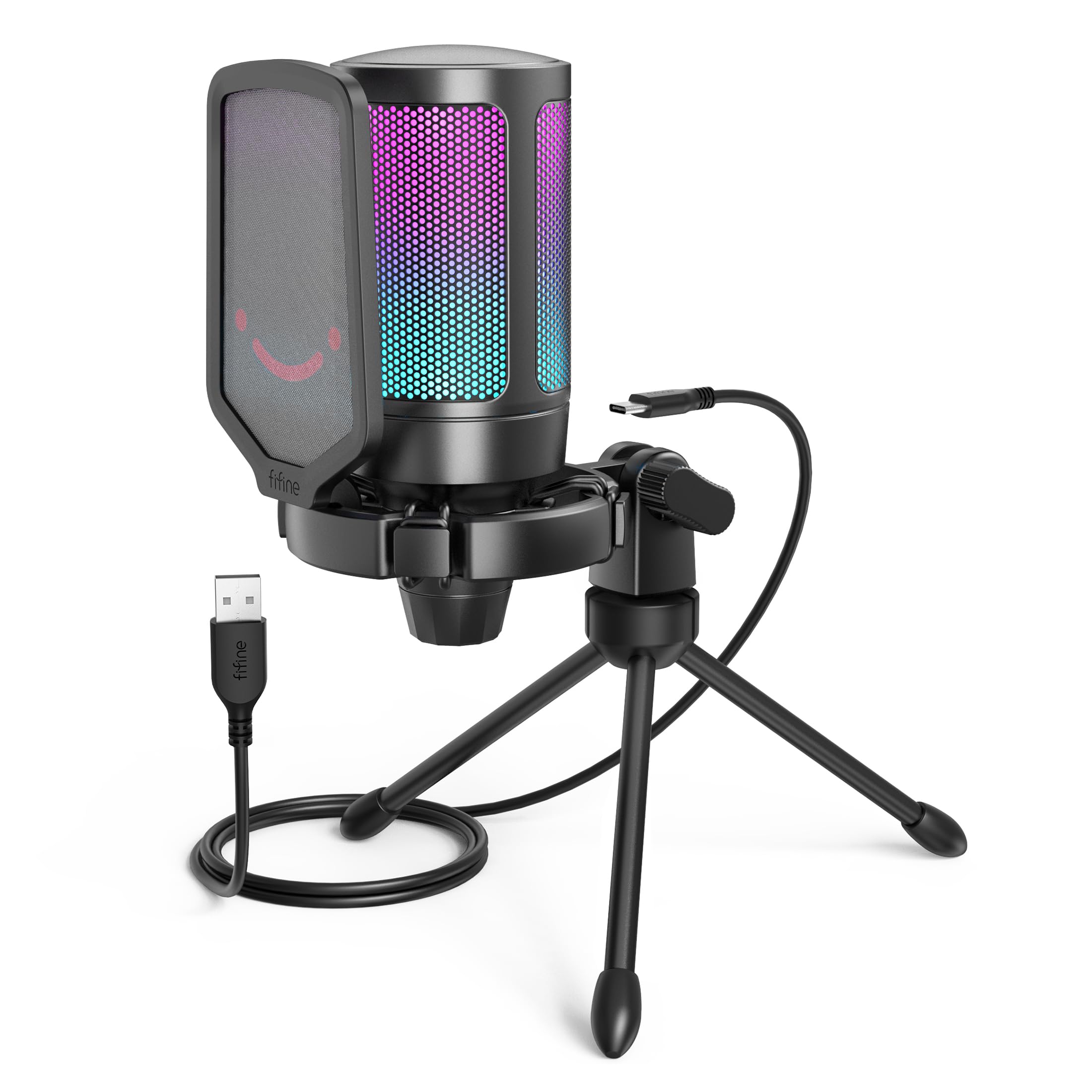 FIFINE Microfone USB Para Jogos Para PS5 PC, Microfone Condensador Com Mudo Rápido, Indicador RGB, Suporte De Tripé, Pop Filter, Suporte De Choque, Controle De Ganho Para Twitch Podcasts -A6V