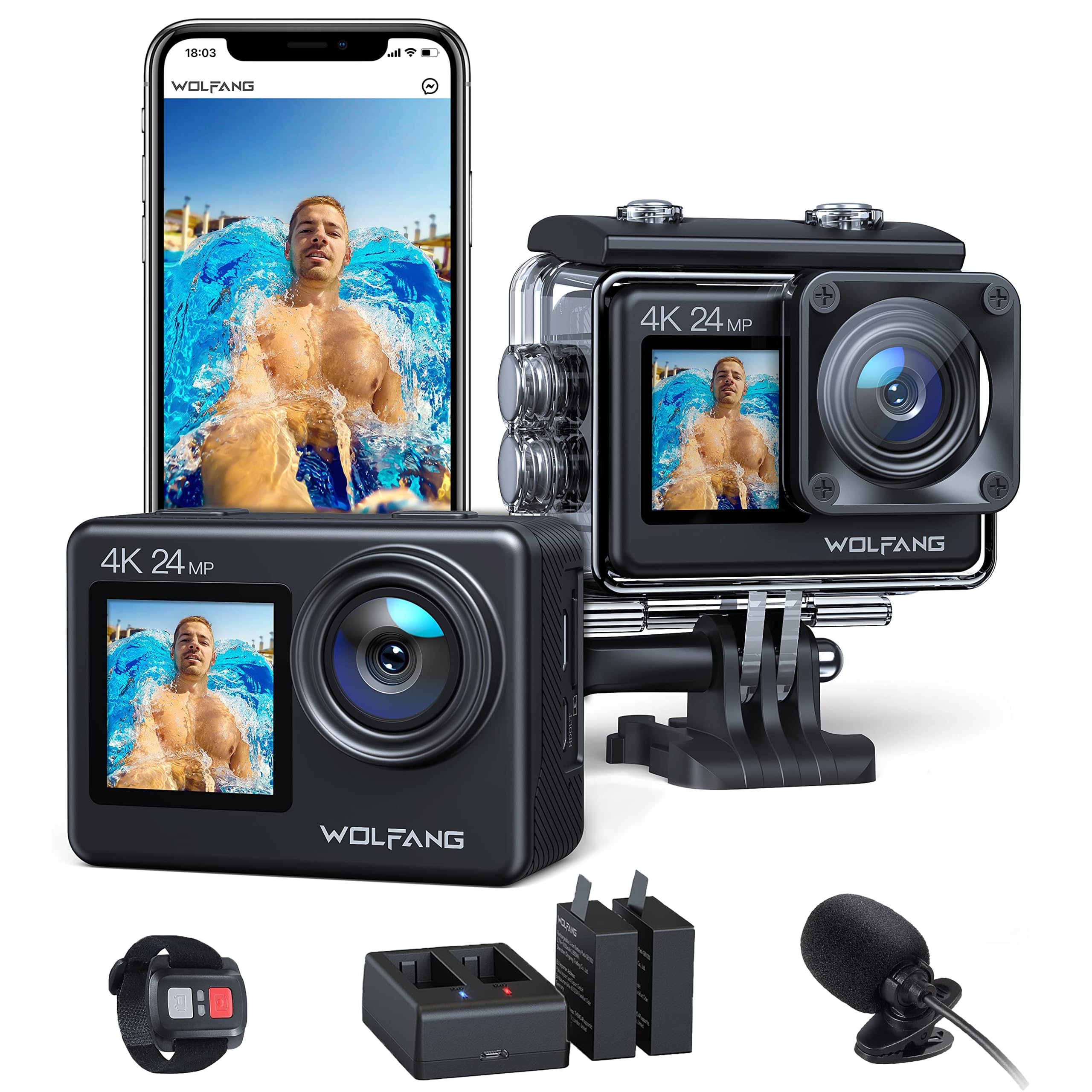 Câmera de Ação WOLFANG GA200 24MP 4K 40M à Prova D'Água para Snorkeling, EIS WiFi Ajustável Câmera de Ângulo Amplo com Tela Dupla (Carregador, Controle Remoto e Acessórios para Capacete)