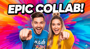 Dois criadores de conteúdo lado a lado, sorrindo, apontando para a câmera, estilo thumbnail do YouTube colaborativo, fundo colorido 16:9.