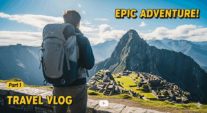 Pessoa com mochila olhando para uma paisagem turística icônica, estilo thumbnail de vlog de viagem no YouTube 16:9.